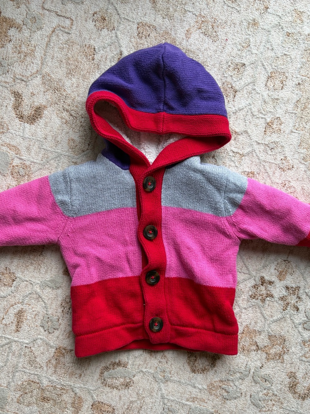 Hanna Andersson Colorblock Striped Faux Fur Lined Hooded Button Up Cardigan